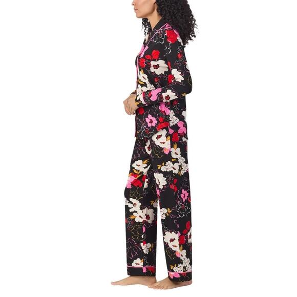 Room Service Shawl Collar Pajama Set (Size S) Color: Black/Pink/White-Floral New - Picture 3 of 13
